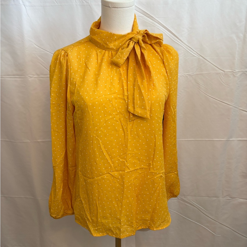 Sara Michelle Petite Mustard‎ Polka Dot Tie Neck Blouse NWT Size PS